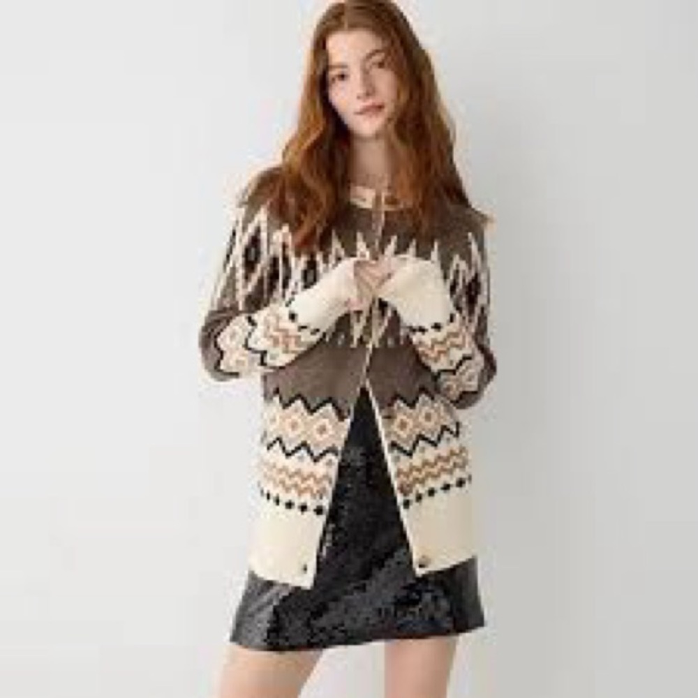 J. Crew Fair Isle Cardigan XS in Heather Fawn Muslin (cream, tan, brown & black) - Picture 2 of 9